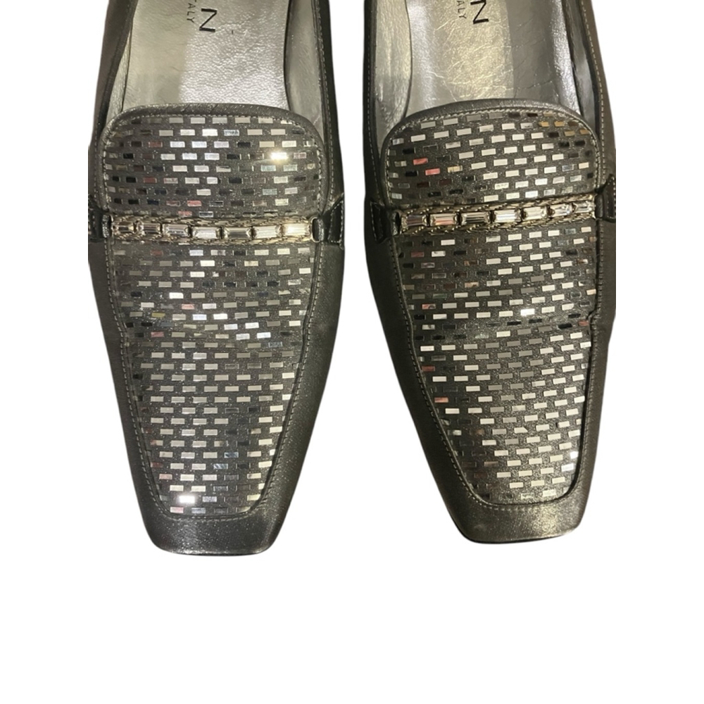 St. John Silver Metallic Square Toe Loafers Size 9M Block Heel Designer Shoes - Picture 6 of 11